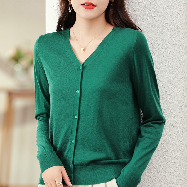 精纺羊毛针织开衫女外套春夏新款V领薄短款外搭长袖毛衣简约上衣，女装羊毛衫，片语羊绒