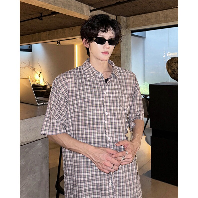 CS1151-特批40控78夏季新款男女格子短袖大码男衬衫（带配件）,男装T恤,电商A059