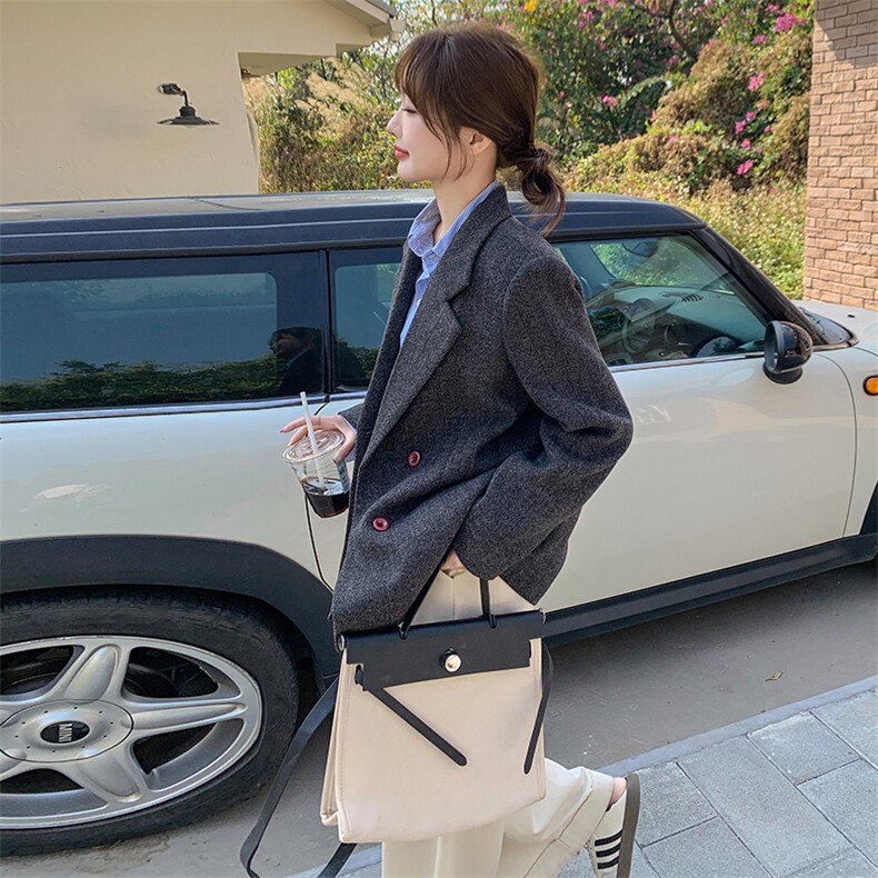 灰色西装外套女2025春季新款复古设计感韩系气质休闲百搭通勤西服,女装短外套,2C262