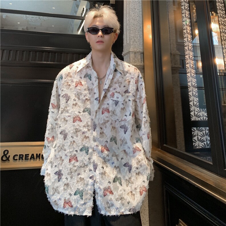 风复古潮流蝴蝶流苏毛边设计感长袖衬衫情侣宽松高级衬衣特p48,男装衬衫,电商C307A