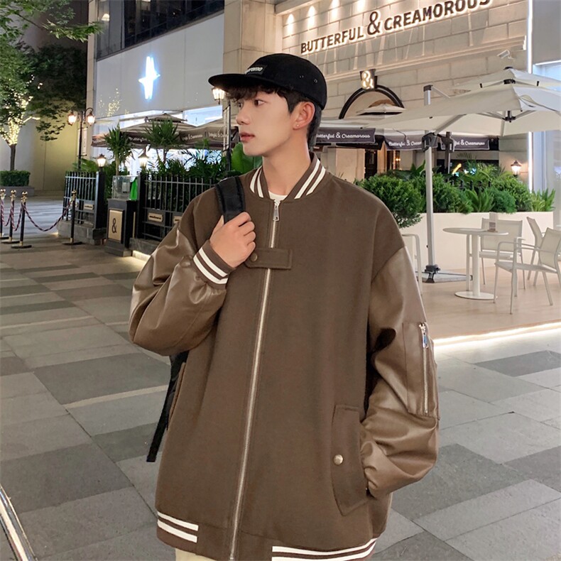 2025秋新棒球领呢料拼皮夹克外套男港风705-1-W8827-P90控135，男装夹克，星座705-1