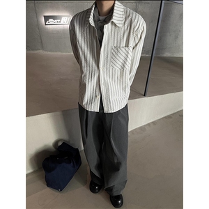 美式潮牌高街复古泡泡纱竖条纹日系肌理长袖衬衫男女休闲宽松衬衣图片