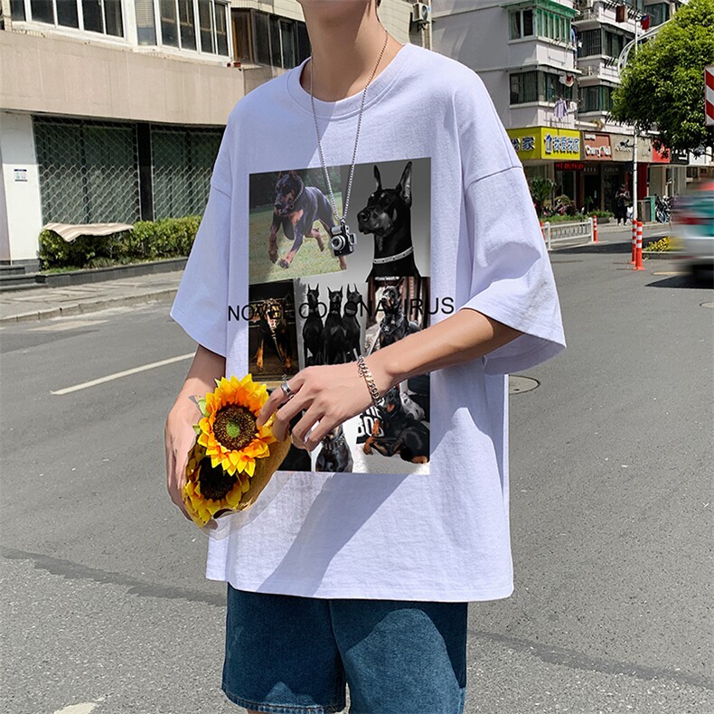 中性夏季潮流韩版帅气杜宾印花宽松情侣短袖T恤T32P25控38,男装T恤,A247A