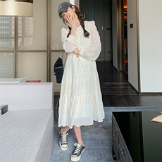 法式米白色长袖连衣裙女春秋2025新款温柔风气质宽松初恋仙女长裙，女装连衣裙，2D078