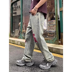 139-P45美式高街复古做旧破洞阔腿牛仔裤男士宽松直筒垂感痞帅，男装牛仔裤，电商B323A