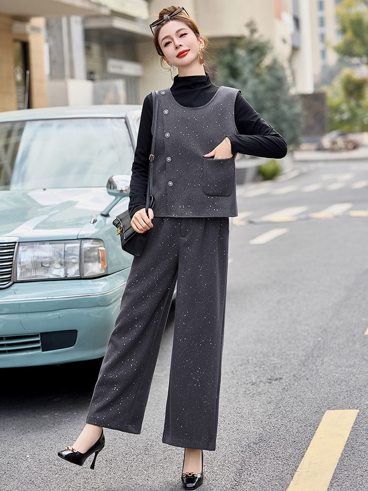 2025新款春装法式后背蝴蝶结马甲阔腿裤三件套,女装套装/套裙,韩蔻秀