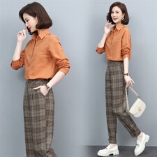 长期现货，格子衬衫女套装新款韩版春秋显瘦百搭休闲裤两件套，女装套装/套裙，涵誉