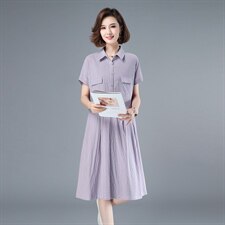 2021年夏季中长款格子套头A字裙妈妈装连衣裙POLO领韩版裙子高腰，女装连衣裙，伊满意