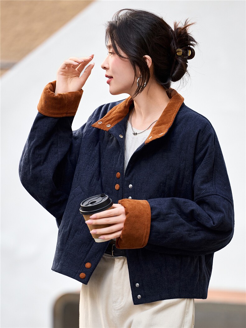 2025年冬季灯芯绒撞色翻领拼接夹棉棉服短外套棉衣,女装棉衣/棉服,简韵佳