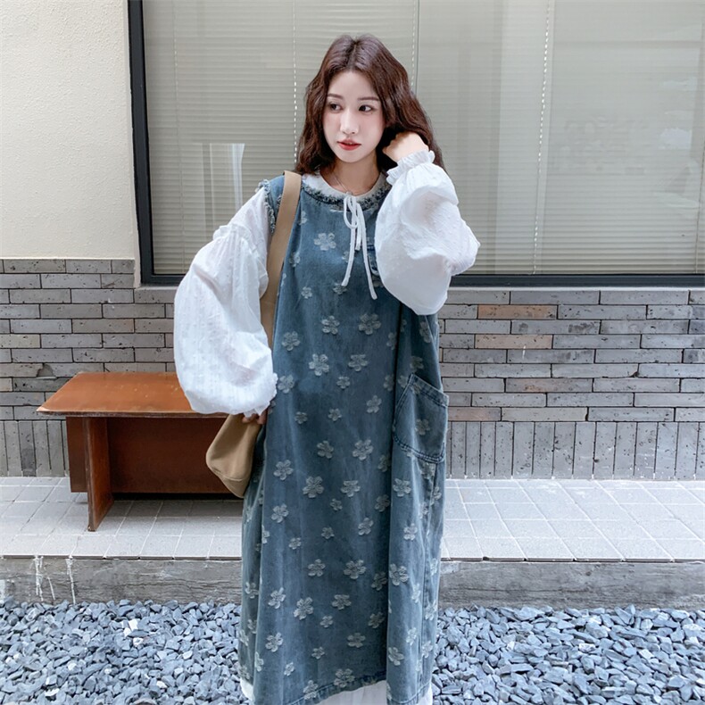 新品重工水洗刺绣牛仔面料叠穿2件套装5601-P185-K298长袖,女装连衣裙,2C275