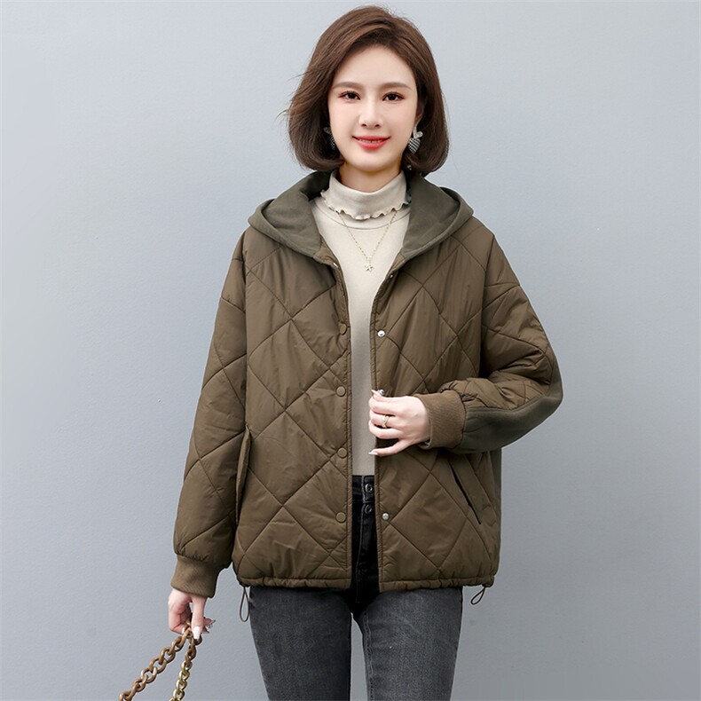 棉衣棉服女2022新款冬季短款连帽秋冬妈妈拼接薄款夹棉外套,女装棉衣/棉服,忆绮罗