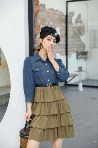 【秋季新款】时尚牛仔拼接连衣裙泡泡裙，女装连衣裙，笑思源