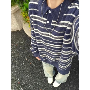 polo领条纹针织衫男女新款美式复古软糯宽松百搭上衣WLZ088-P55图片