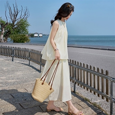 慵懒风无袖背心套装女2025夏季新款气质洋气简约纯色宽松两件套裙，女装套装/套裙，潮流依族