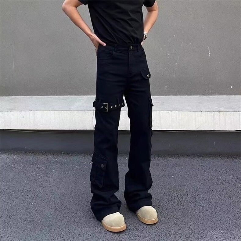 vibe白色绑带微喇工装牛仔男cleanfit美式高街修身弹力长裤,男装牛仔裤,星座506A
