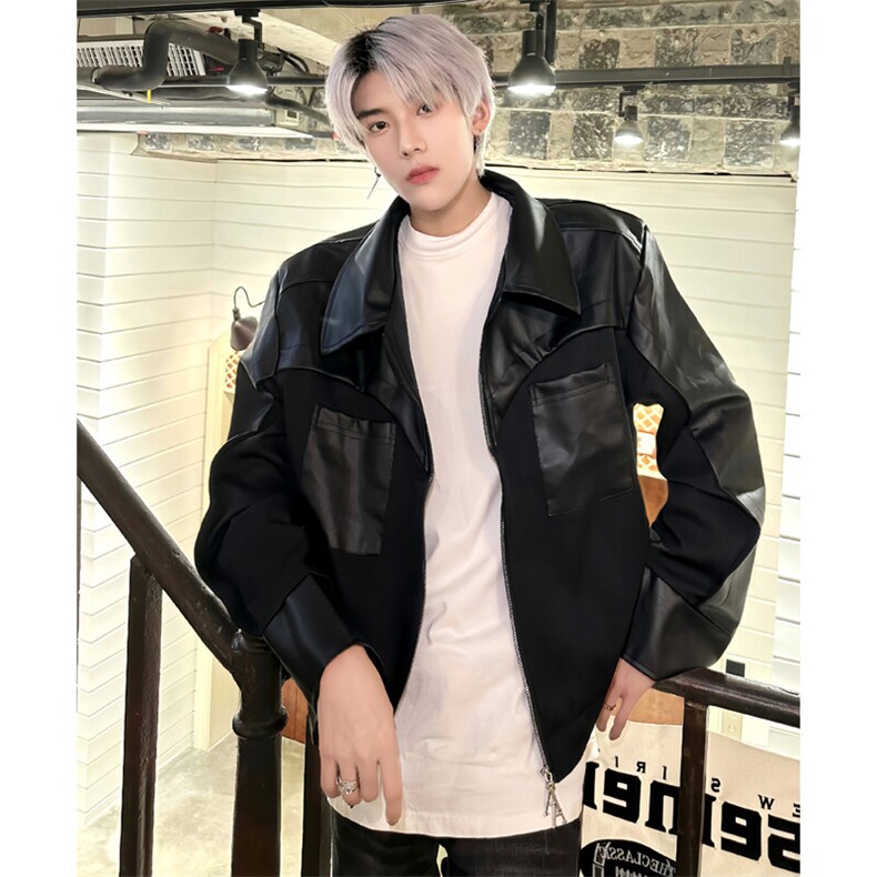 （自家图）小众pu皮拼接机车服皮夹克皮衣男2612-P80,男装夹克,星座910-5