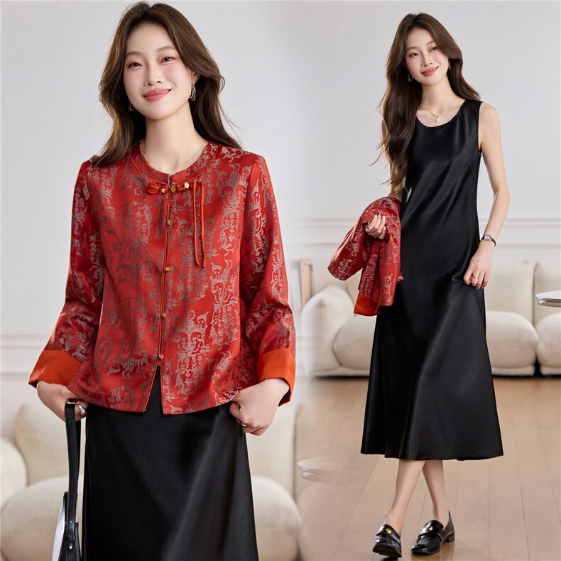 现货人丝醋酸裙子缎面新中式时尚潮流2026年春季女两件套单款外套，女装短外套，木橙西子