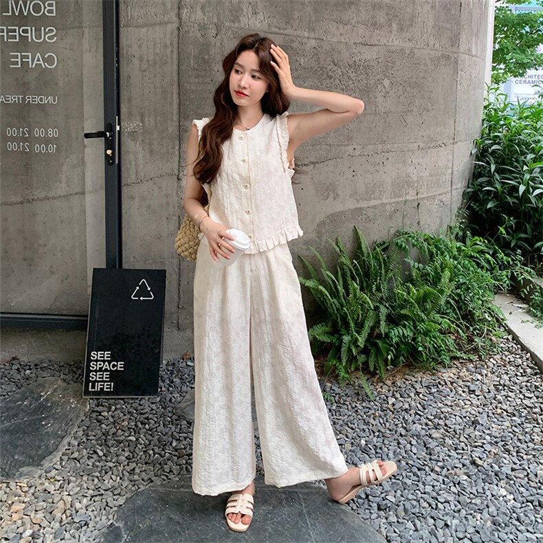 休闲花边无袖套装女2025夏季新款韩版气质减龄高级感阔腿裤两件套,女装套装/套裙,1D066-1