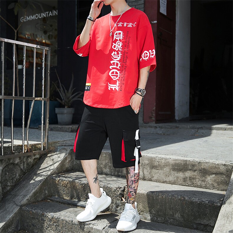 新款夏季潮流时尚T恤男装青少年宽松休闲圆领套装F178P70,男装休闲套装,电商A086