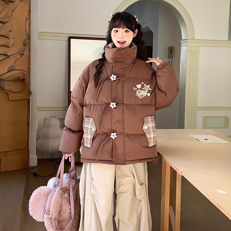 1506-1/M76511/P89韩系甜美星星盘扣设计拼接格纹棉服图片
