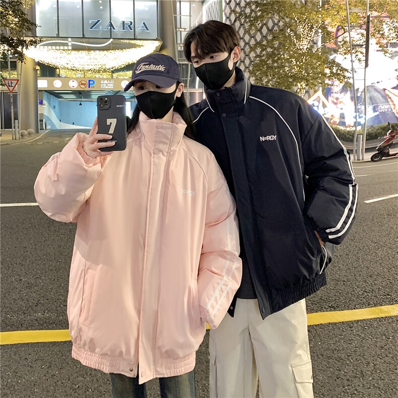 情侣装冬装港风条纹织带棉服棉衣休闲加厚外套男女G1107P118,男装棉衣,电商A339