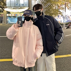 情侣装冬装港风条纹织带棉服棉衣休闲加厚外套男女G1107P118，男装棉衣，电商A339