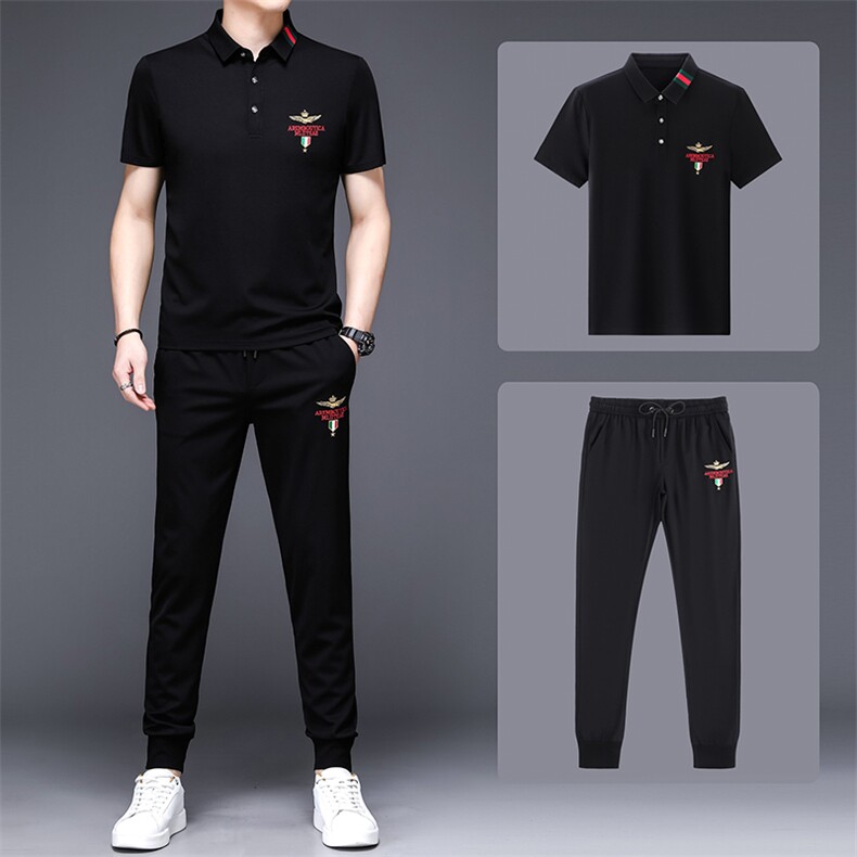 2023新款男士休闲运动套装中年男装夏季翻领短袖t恤冰丝一套衣服,男装休闲套装,电商B212（原钱塘6029）