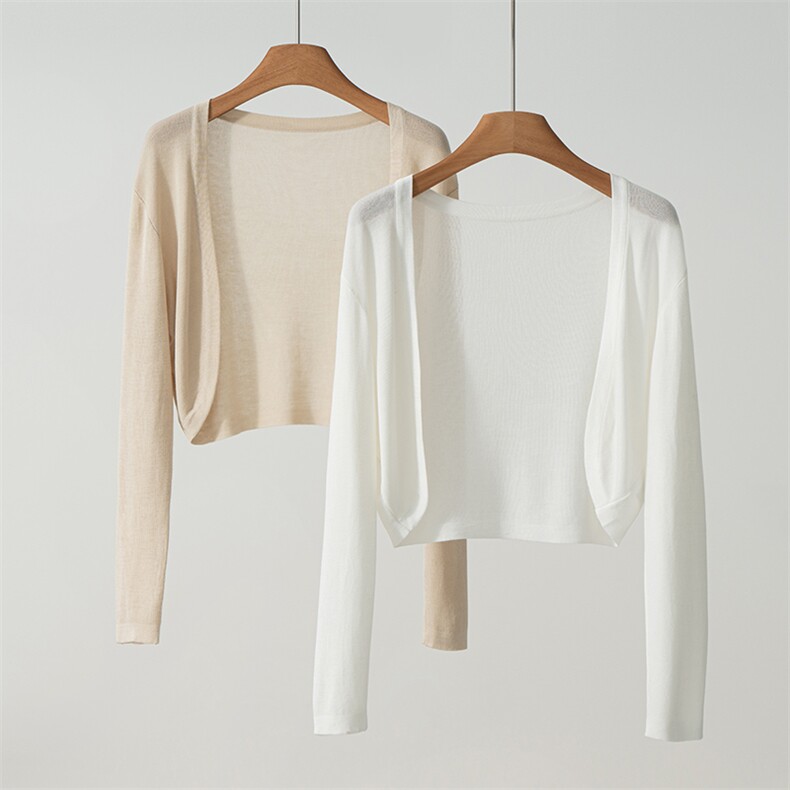春夏季高腰小短款防晒衣女V领针织开衫薄款空调服披肩小外搭简约，女装T恤，欣美羊绒