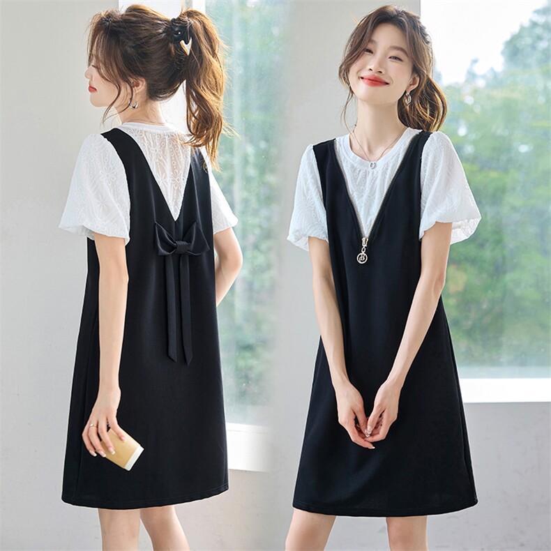 盐甜系蕾丝拼接假两件黑色连衣裙女夏2025新款独特漂亮减龄中长裙，女装连衣裙，韩蔻秀