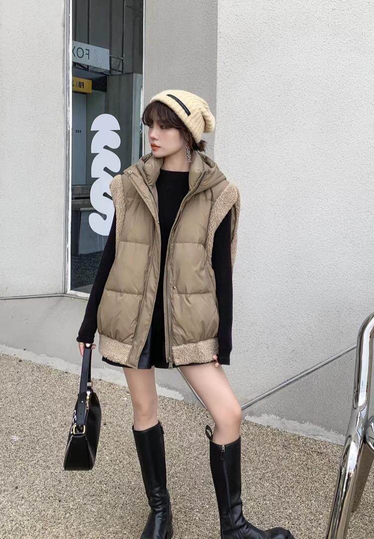 爱美欧，现货，羊羔毛拼接羽绒马甲，女装马甲，爱美欧