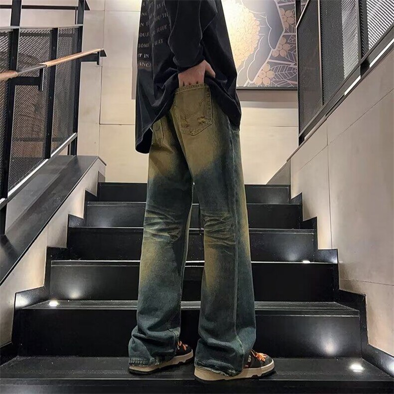复古高街牛仔裤男秋季美式潮牌水洗做旧裤子宽松直筒微喇长裤,男装牛仔裤,星座410-7