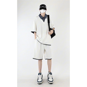 夏季宽松衬衫领假两件短袖T恤套装潮短裤XZ808B-WH071-特P55控98图片