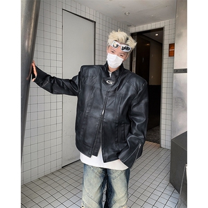 春秋季新款小众立领机车皮衣男宽松潮男垫肩夹克外套J85522-p83图片