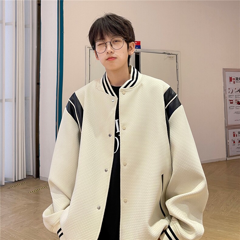 主推港风 小香风棒球服撞色拼接PU皮外套复古夹克男H873 P108图片