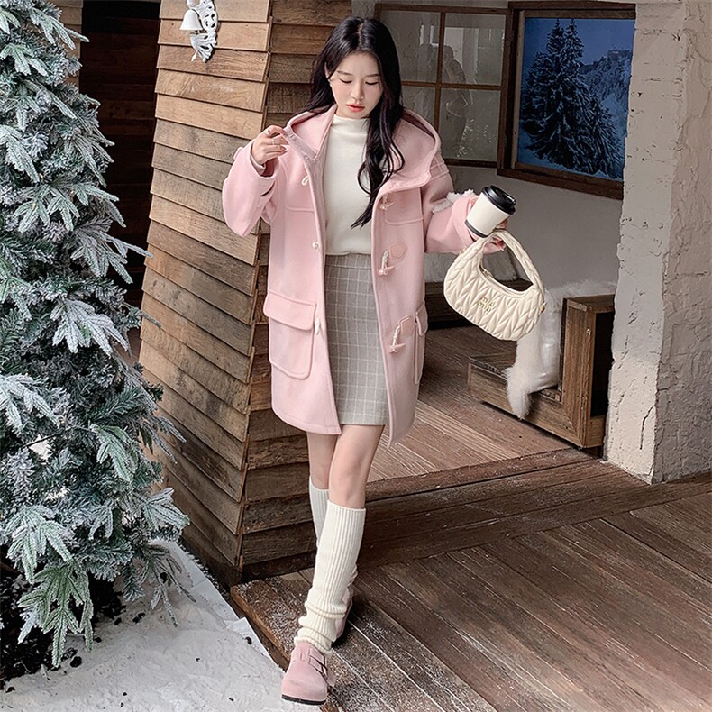 雪景甜美粉色牛角扣毛呢连帽外套（可拆卸玩偶）,女装毛呢外套,天使之佳话