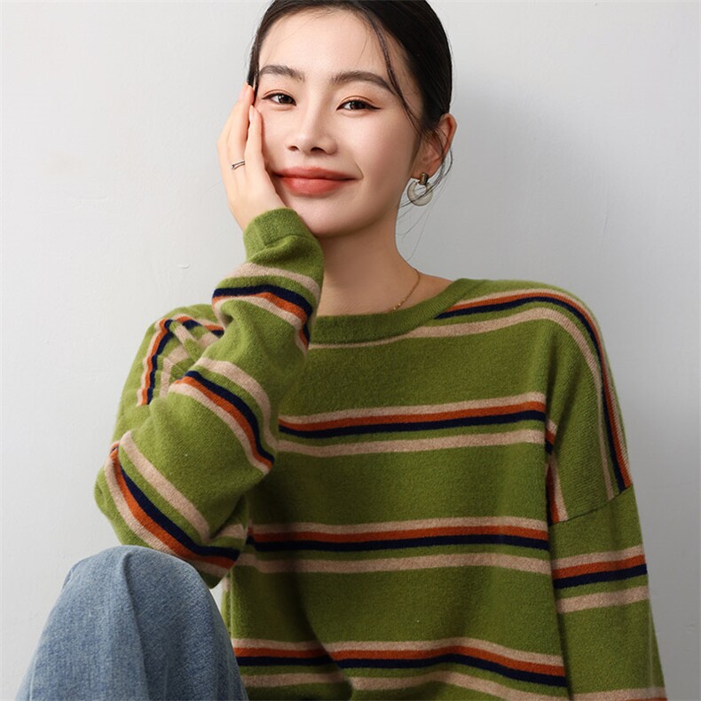 圆领羊毛衫女2024秋冬装新款复古条纹显瘦针织衫,女装羊毛衫,琳尚羊绒