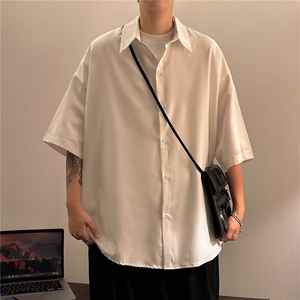 黑色衬衫男短袖垂感冰丝纯色夏季休闲外套韩版潮流白衬衣~CY46图片