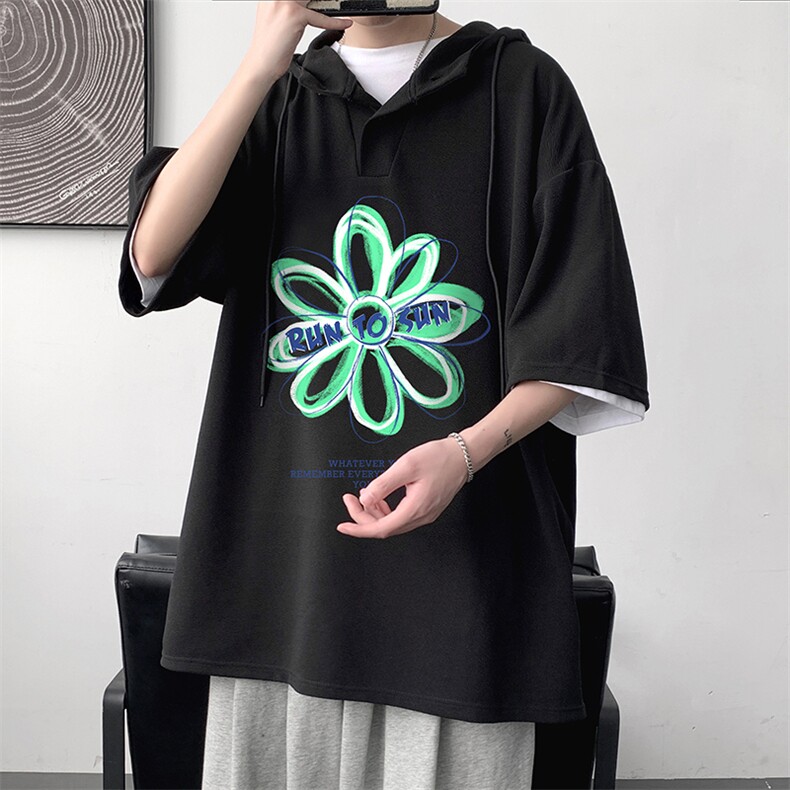 LD54170-P45 连帽短袖t恤男大码胖子带帽五分袖中袖 大皂风图片