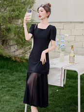 赫本风网纱拼接方领连衣裙女2025夏季新款小个子收腰显瘦减龄长裙，女装连衣裙，微微衣阁