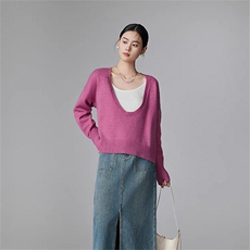 时尚大U领宽松羊毛衫舒适百搭慵懒风毛衣，女装羊毛衫，泰沅羊绒