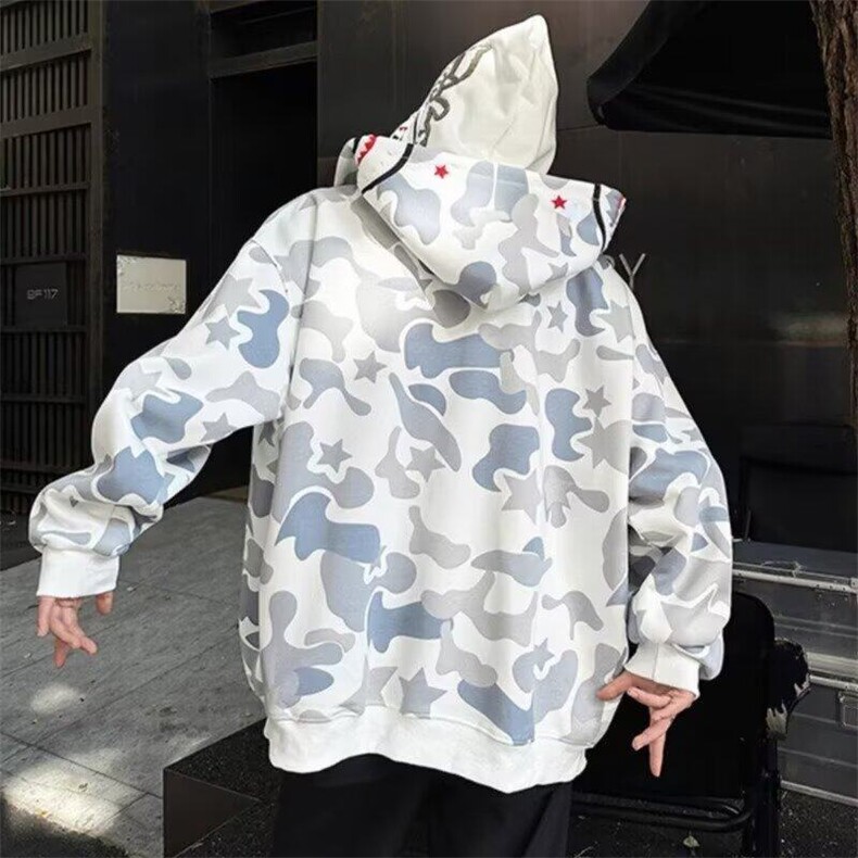 RJ641美式复古鲨鱼头双帽拉链卫衣男潮牌青少年宽松迷彩外套,男装卫衣,星座308A-1（原309B-1）