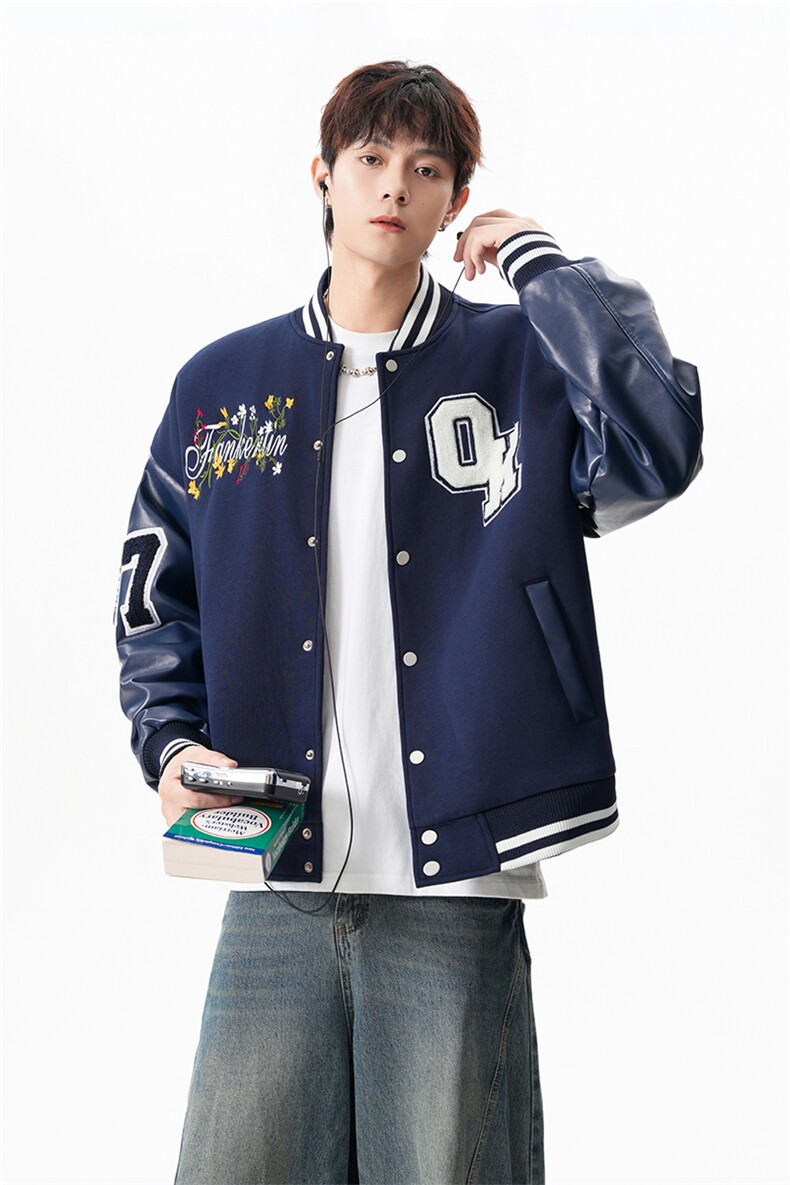 JK5872-P85美式拼接刺绣PU皮撞色棒球服飞行员夹克外套控149,男装夹克,星座109