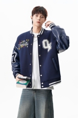 JK5872-P85美式拼接刺绣PU皮撞色棒球服飞行员夹克外套控149，男装夹克，星座109
