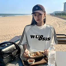 抖音得物品质二开240克宽松纯棉美式潮牌印花三条杠中性风短袖T恤，男装T恤，电商A486