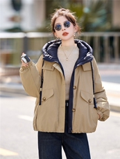 90白鸭绒宽松大版休闲拼接工装派克假两件连帽羽绒服，女装羽绒服，采品优优