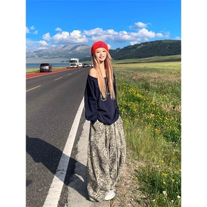 NECOYEP美式复古豹纹弯刀阔腿裤男女宽松休闲慵懒直筒拖地长裤图片