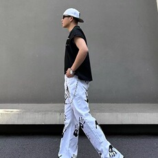 2026水墨手掌印花白色牛仔裤高街hiphop潮炸街长裤K71126-P45网图，男装牛仔裤，电商B245