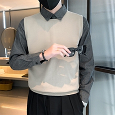 2024秋冬季新款条纹衬衫假两件毛衣男韩版修身潮流针织打底衫M136，男装针织衫/毛衣，星座1116A-2（原606A-1）