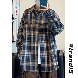 复古美式格纹长袖衬衫男女春秋街头宽松情侣休闲衬衣LSX27P46