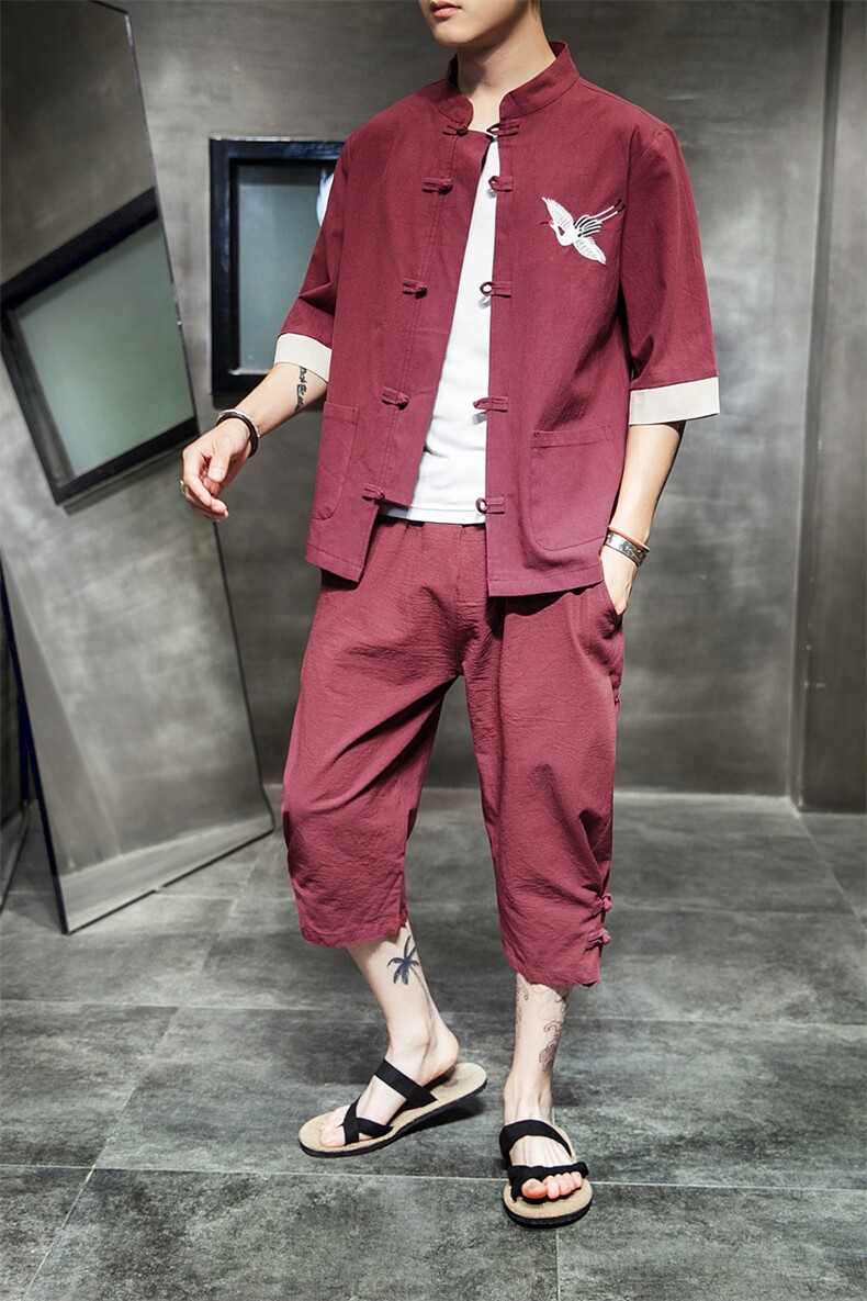 唐装男青年风男装汉服男套装七分袖春装刺绣中山装A812P85,男装休闲套装,钱塘788(原4013)